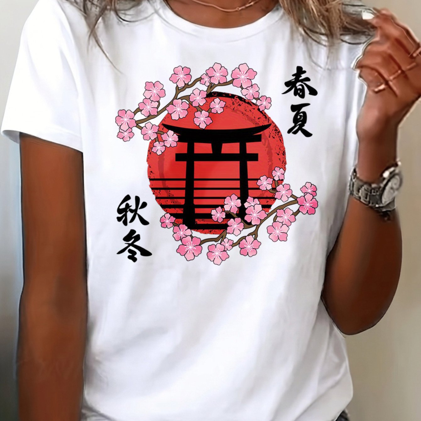TEMU Big Size Women's Clothing Spring Summer Short Sleeve T Shirt Cherry Torii Gate Red Trendy Casual Streetwear