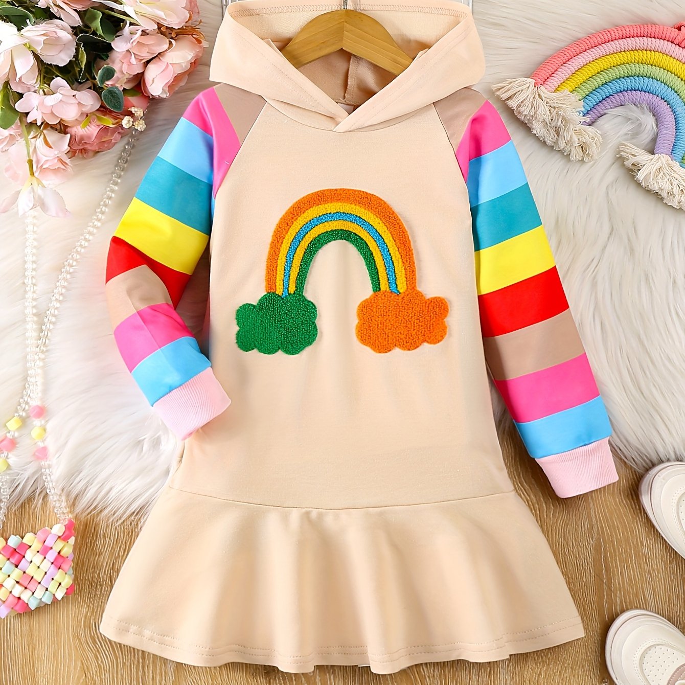 Girls' Hooded Sweatshirt Dress, Long Sleeve, Rainbow Embroidery, Contrast Color Stripes, Knee-length, For Casual Gatherings, Birthdays, And Holidays