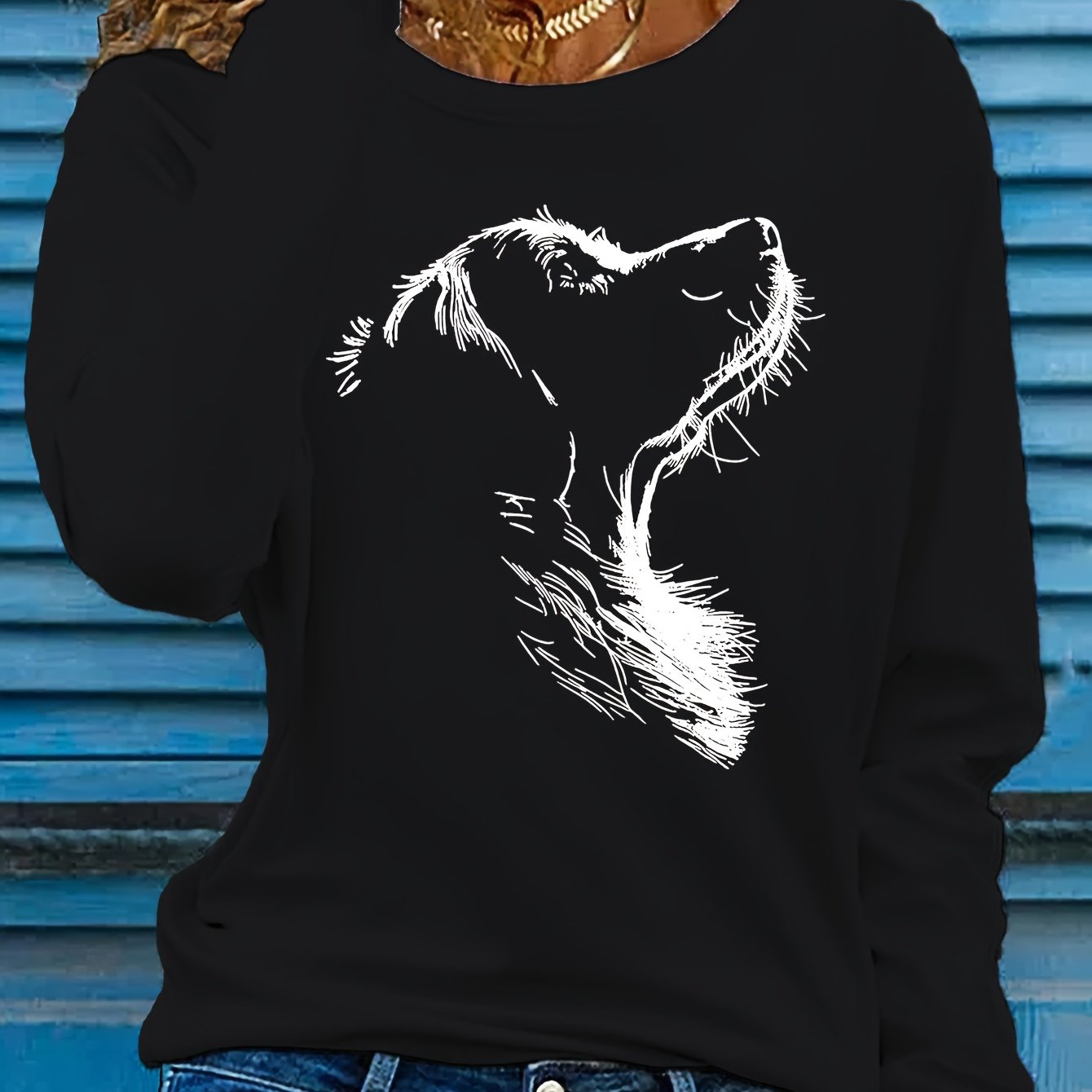 TEMU T-shirt à manches longues pour femme avec col rond et imprimé animal, haut en polyester décontracté, coupe skinny, longueur standard, collection