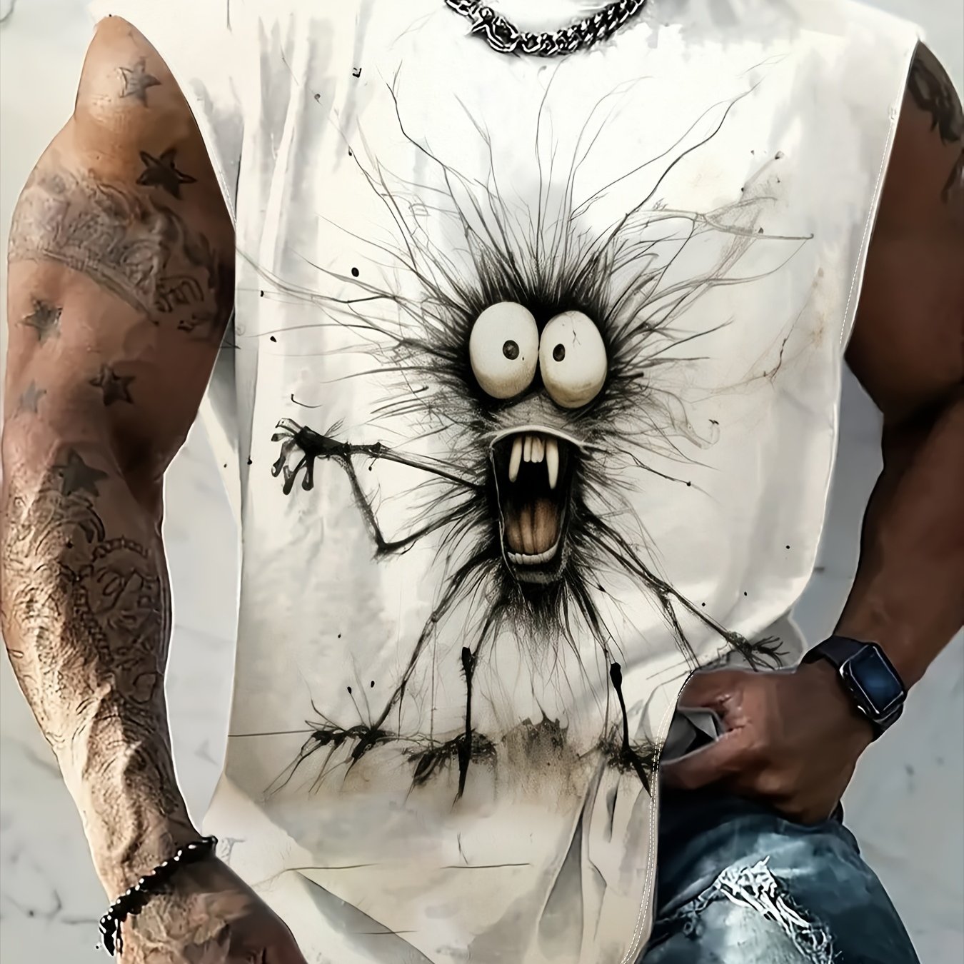 TEMU Men's Plus Size Colorful Cartoon Print Comfortable Breathable Tank Top, Men's Casual Sleeveless T-shirt, Summer Fitness Workout Training