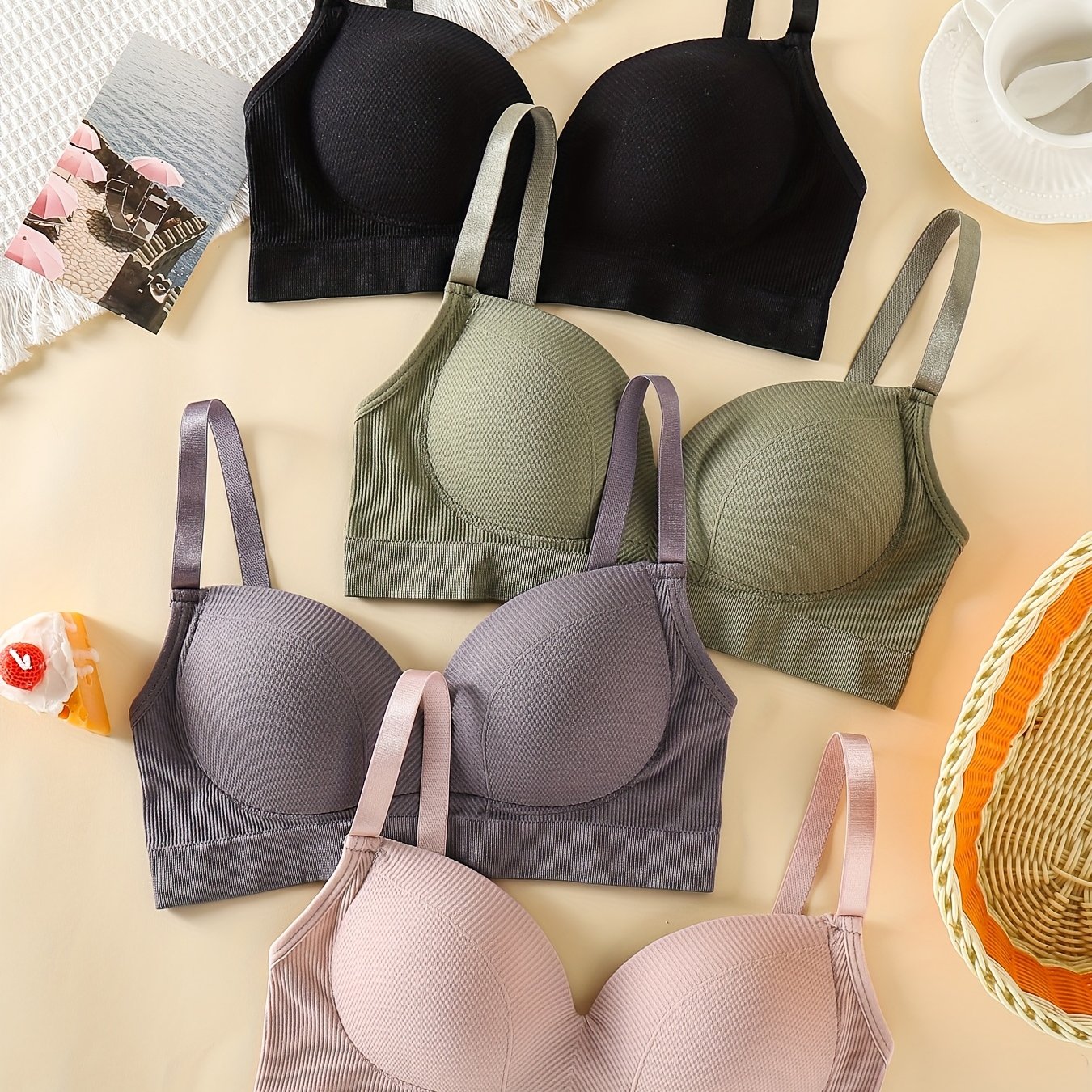 Image of 4pcs Set Of Bras, Underwire-free Push-up Women's Bras, Fixed Cup , Comfortable Fabric For Wear