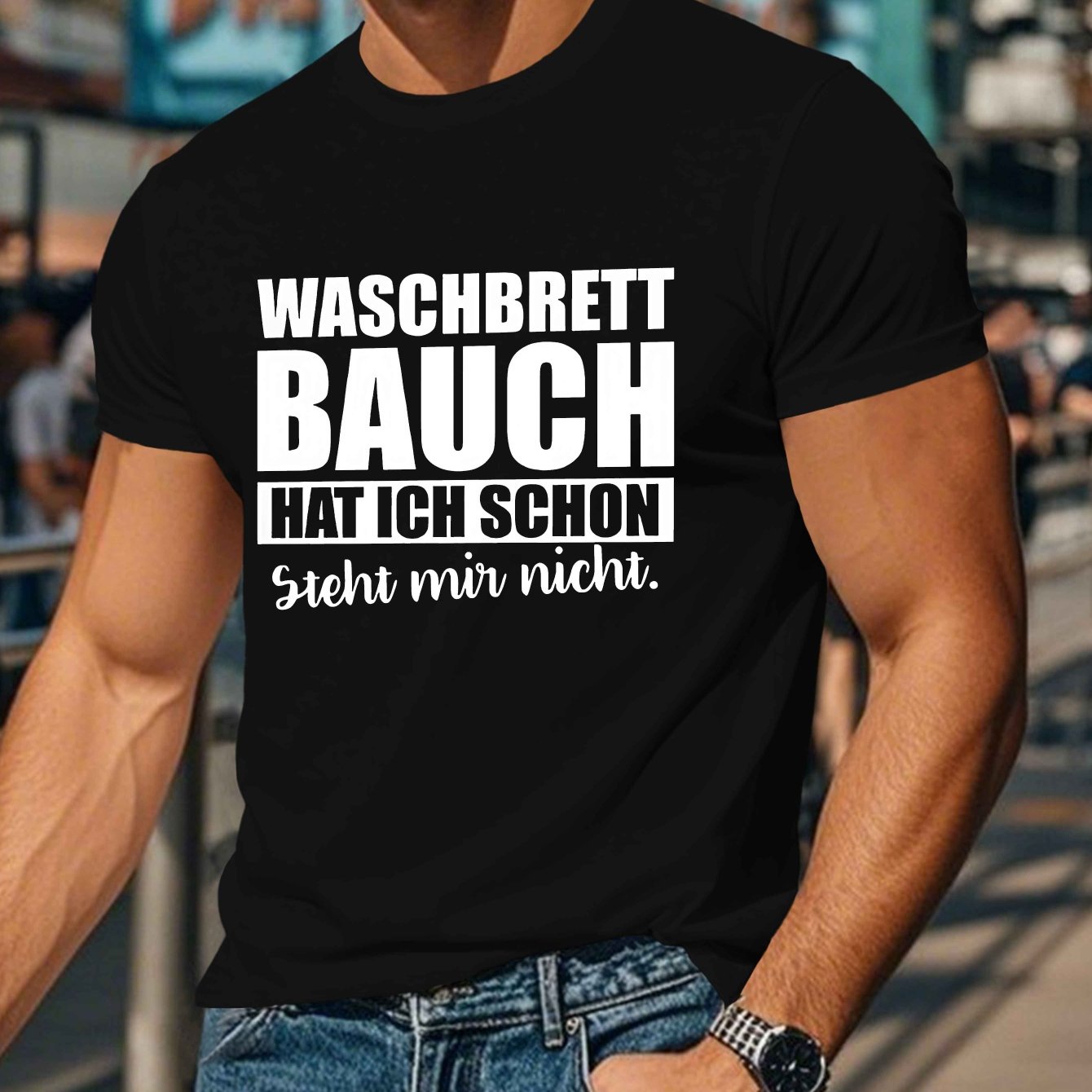 E-shop Herren -T-Shirt mit geometrischem Muster - Polyester, Rundhalsausschnitt, Maschinenwaschbar - Sommeroberteil, Deutsch, Spaßig