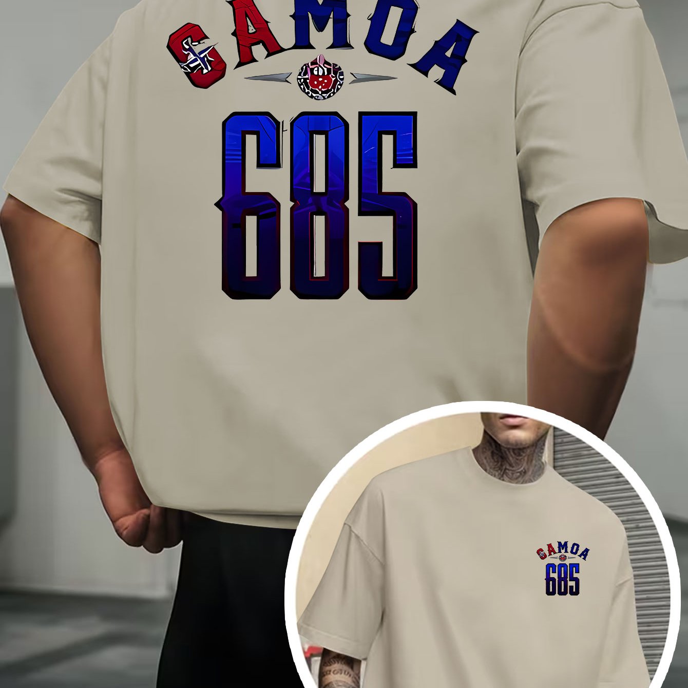 TEMU Samoa 685 Men'-themed T-shirt - Double-sided Samoa Area Code & Cultural Print Short Sleeve Shirt, Round Neck Casual Athletic Wear Suitable For
