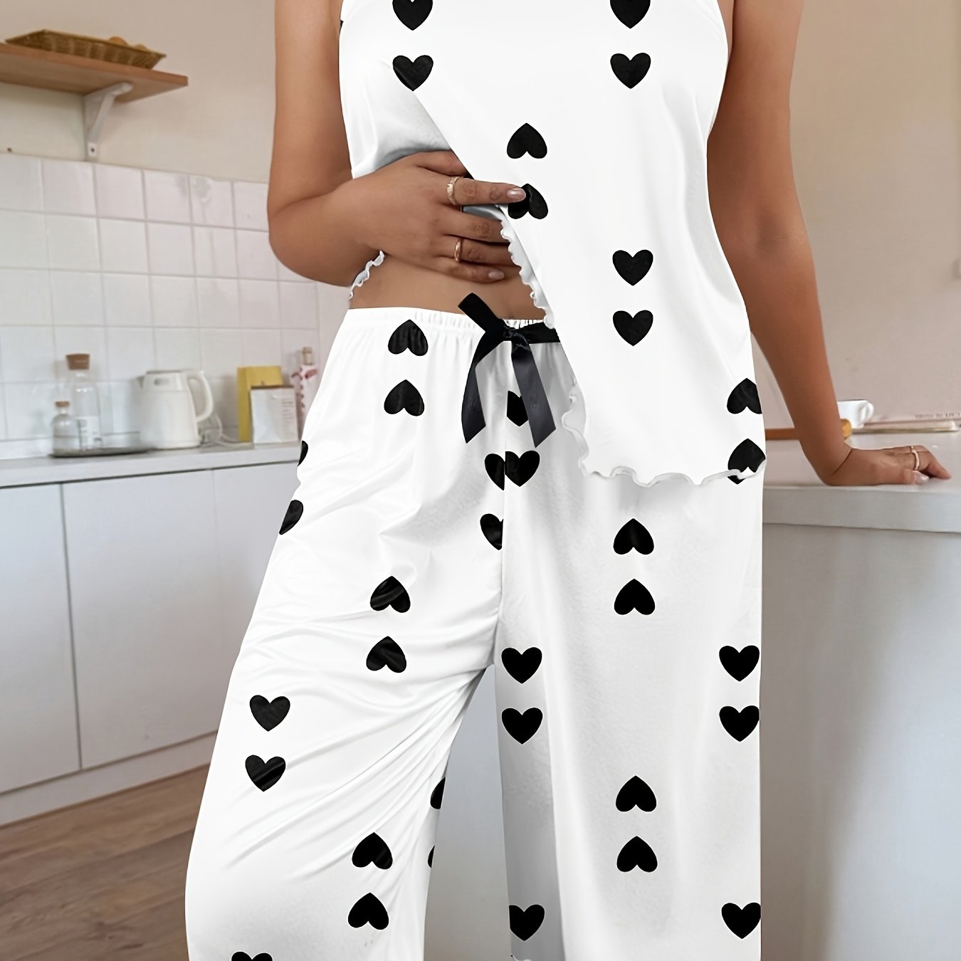 Image of Plus Size - Women's Cartoon Sweet Heart Print Camisole And Capri Pants Loungewear Set