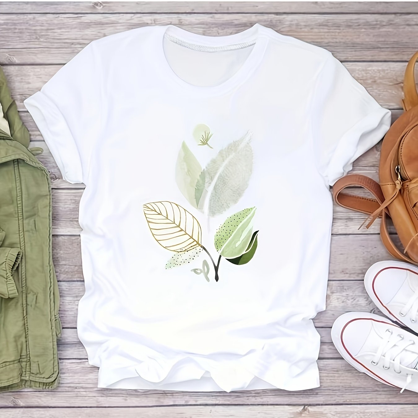 TEMU Green Leaf Print Design, Comfortable Round Neck Short Sleeve T-shirt, One-piece Summer Wear | Versatile Women's Printed T-shirt For
