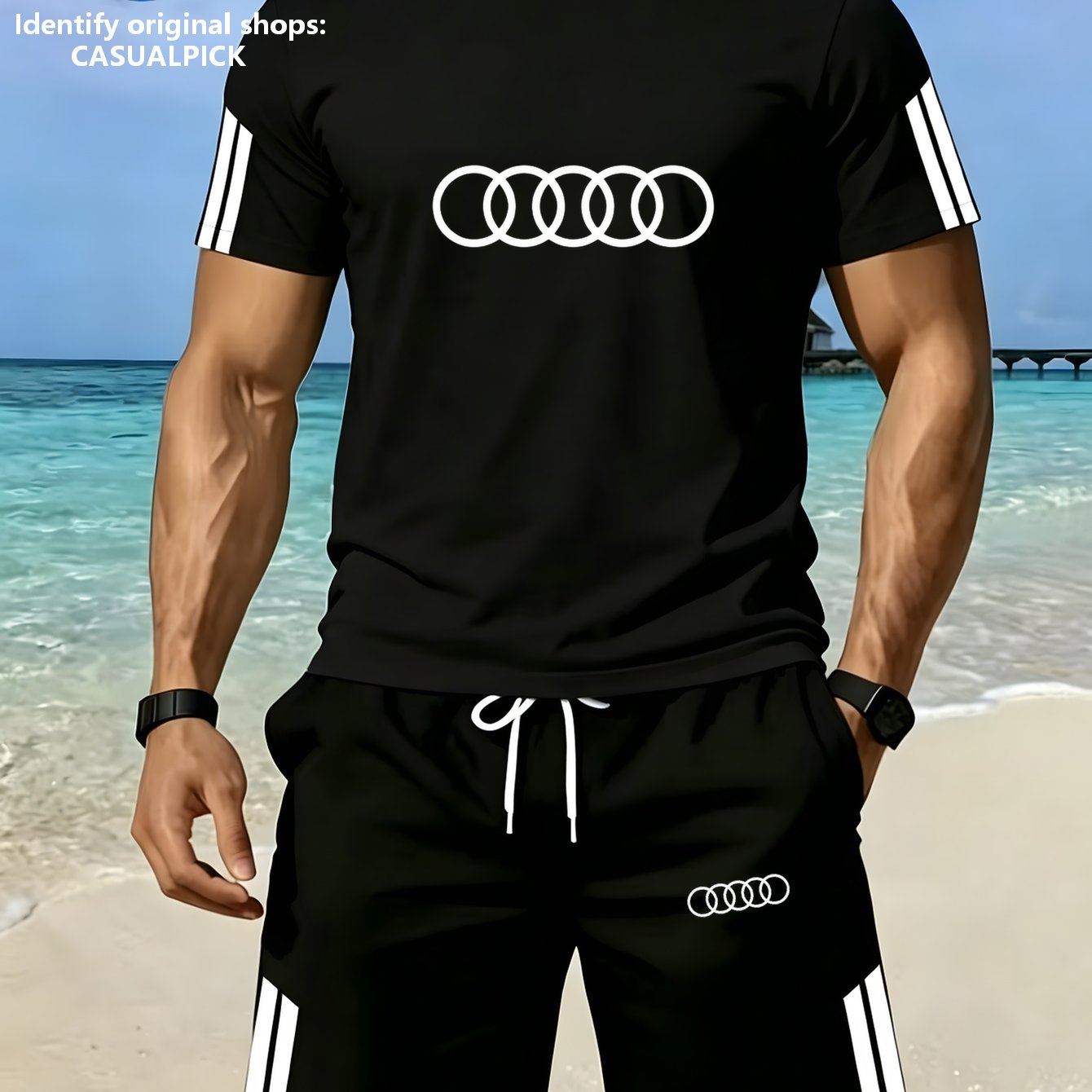 TEMU Men's Fashion Casual Set, Easy Design Short Sleeve T-shirt And Comfortable Shorts, Classic Four-ring Pattern Elements Adorning Chest And Leg