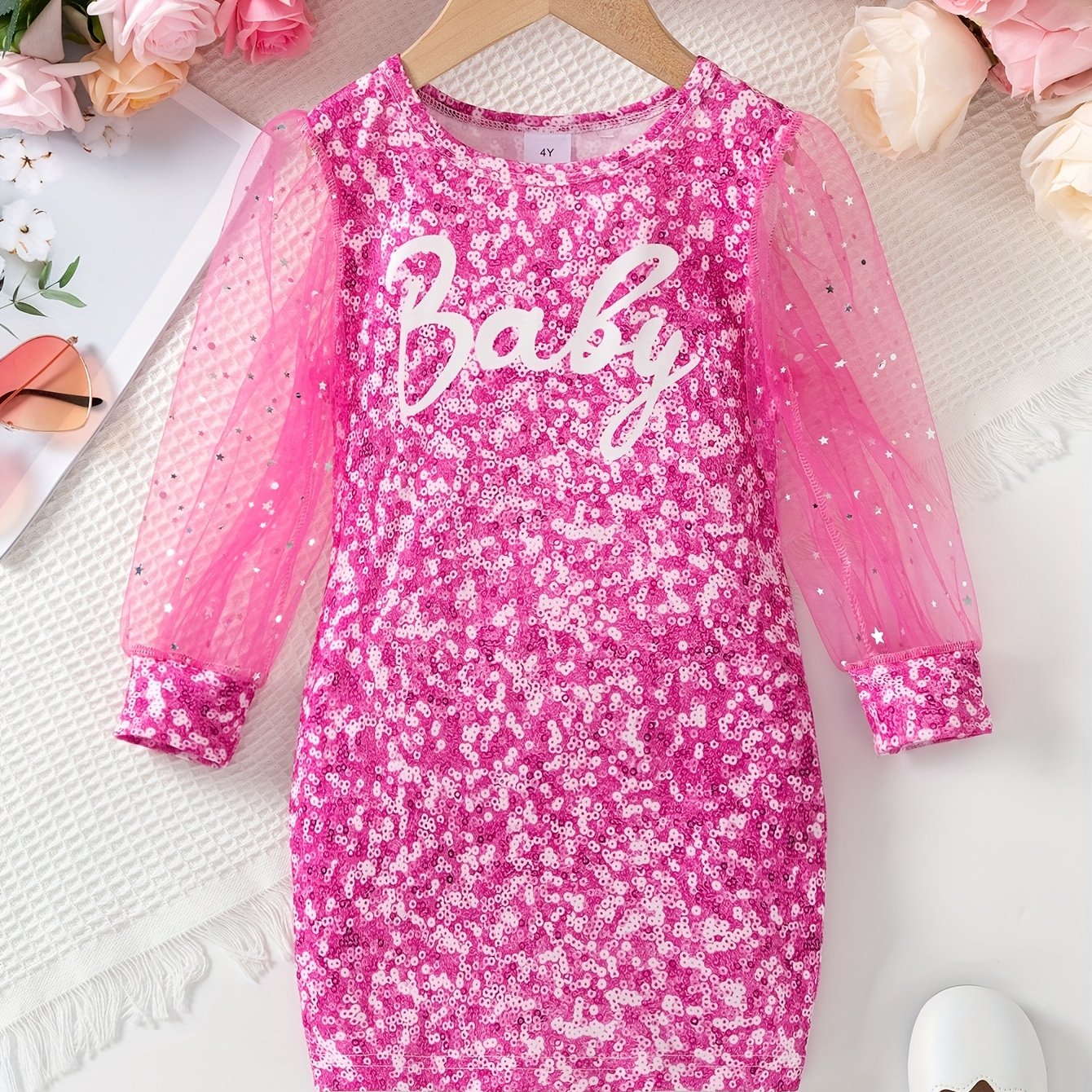 Image of Girls' Casual Round Neck Sequin Print Mesh Long Sleeve Dress