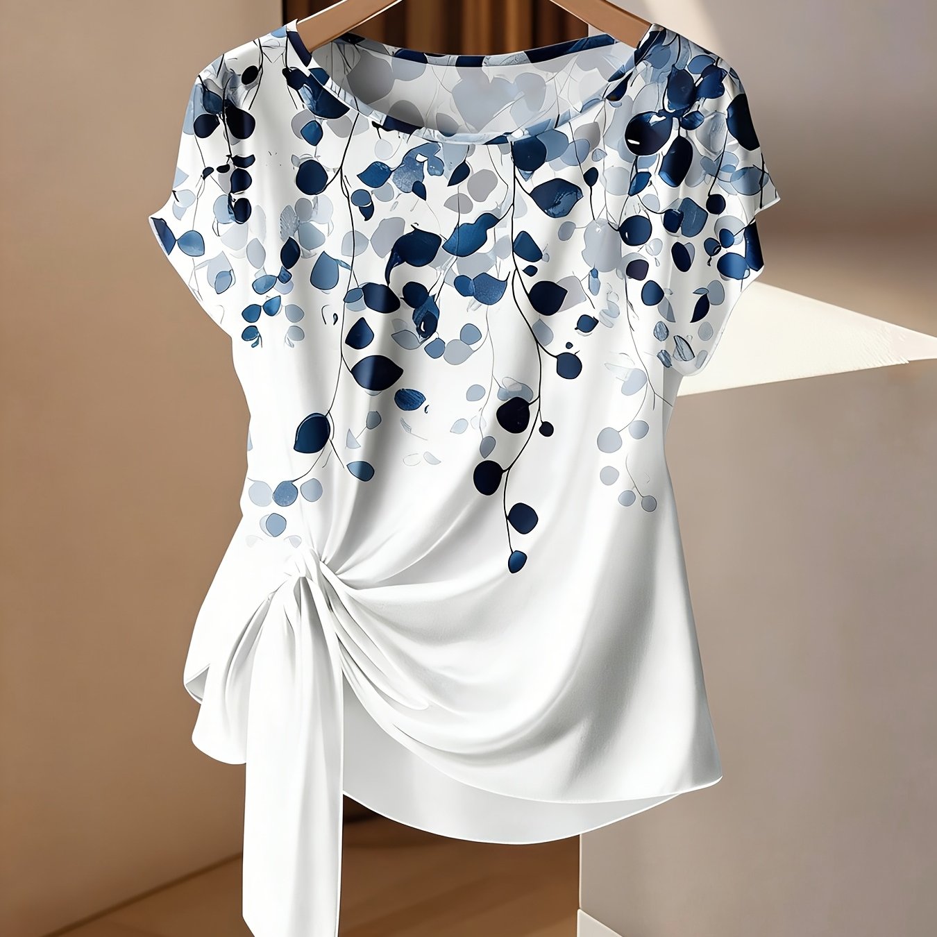 TEMU Plus Size, Women's Plus Size Loose Fit Holiday Casual Summer Cool Leaf Plant Print Batwing Sleeve Tie-neck Round Neck White Top