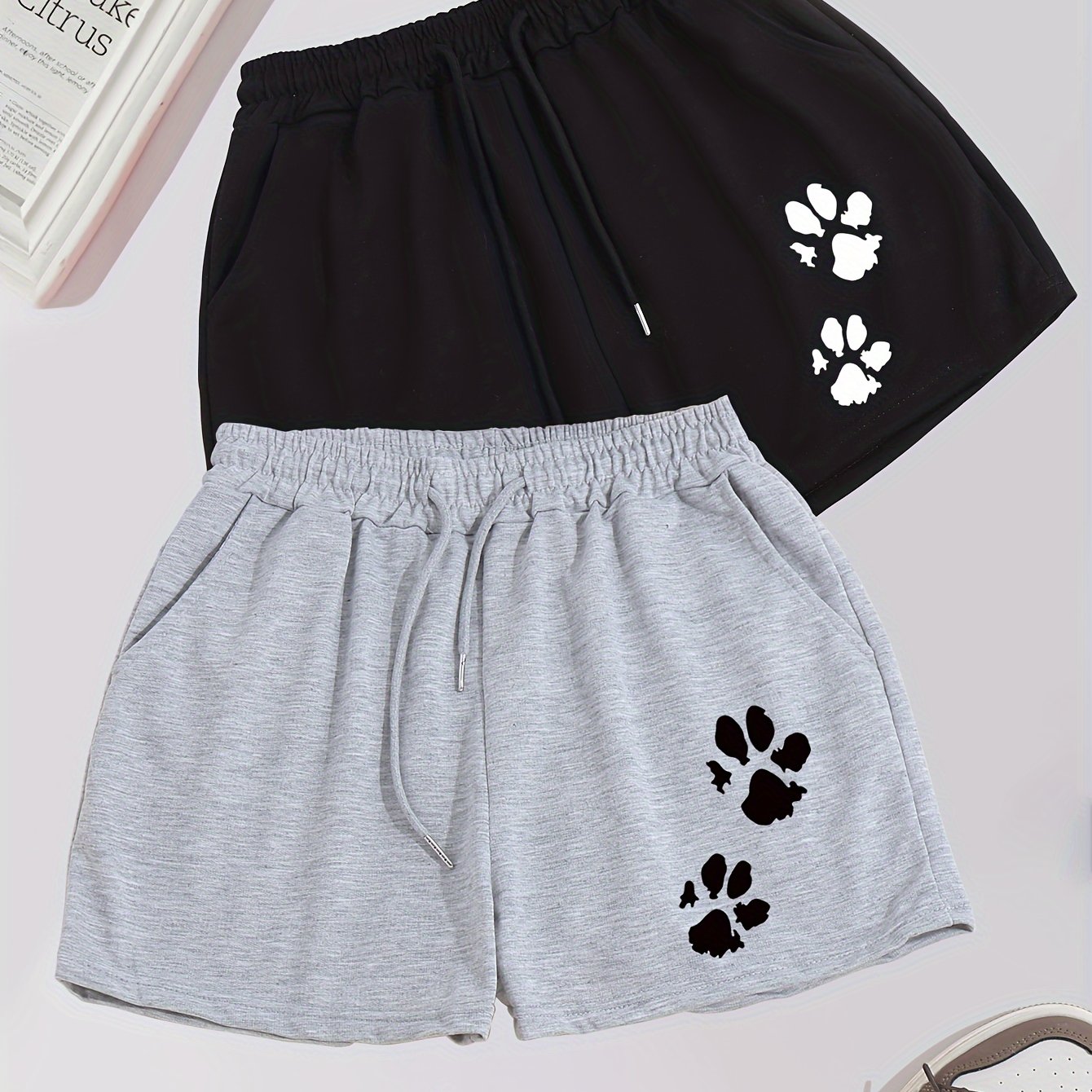 Dog Paw Print Shorts 2 Pack, Drawstring Comfy Loose Shorts For , Women's Clothing