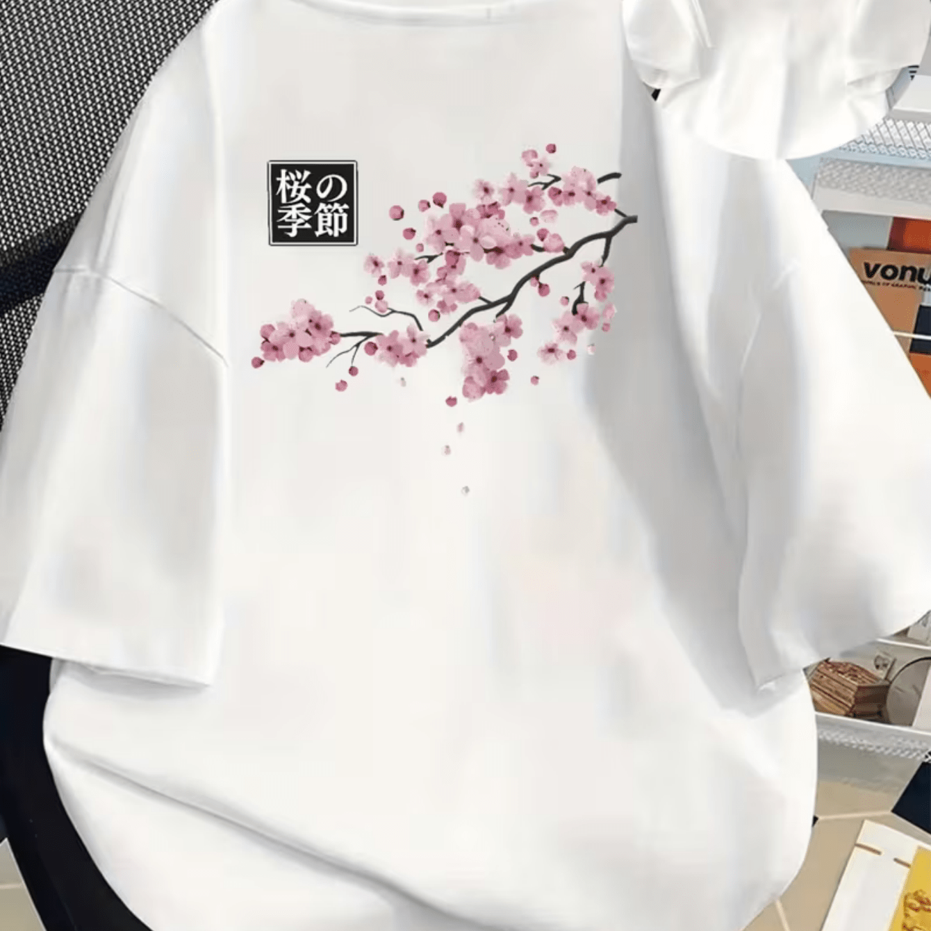TEMU Japanese Cherry Print White T-shirt, Trendy Cool Casual Short Sleeve, Easy High-end Casual Short Sleeve, Trendy Knit Breathable, Summer Casual