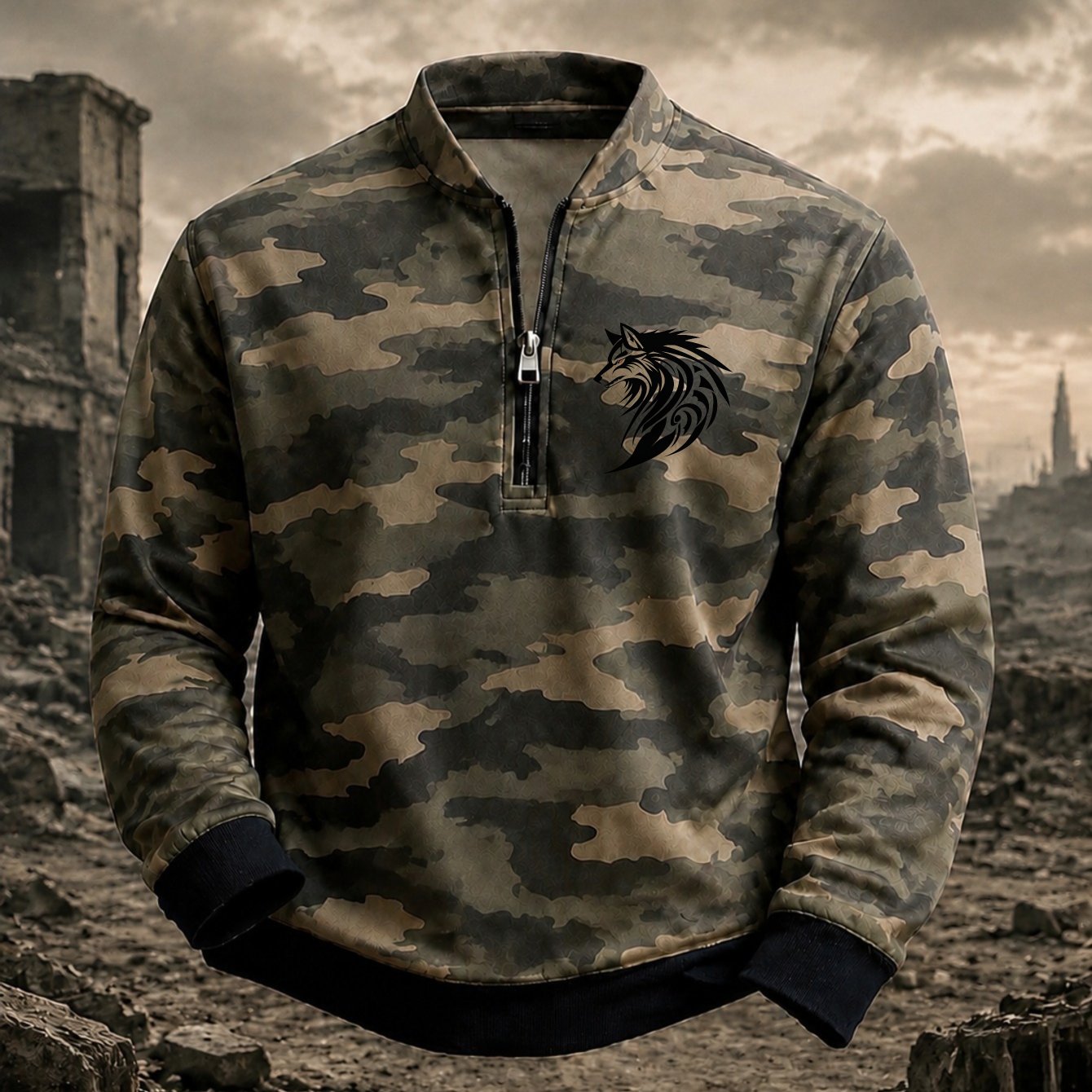 Image of Men's Camouflage Half-zip Sweatshirt, Long Sleeve Stand Collar Pullover With Wolf Graphic Print, Contrast Cuffs And Hem, Regular Fit, Casual Daily Wear, Streetwear, Spring Autumn