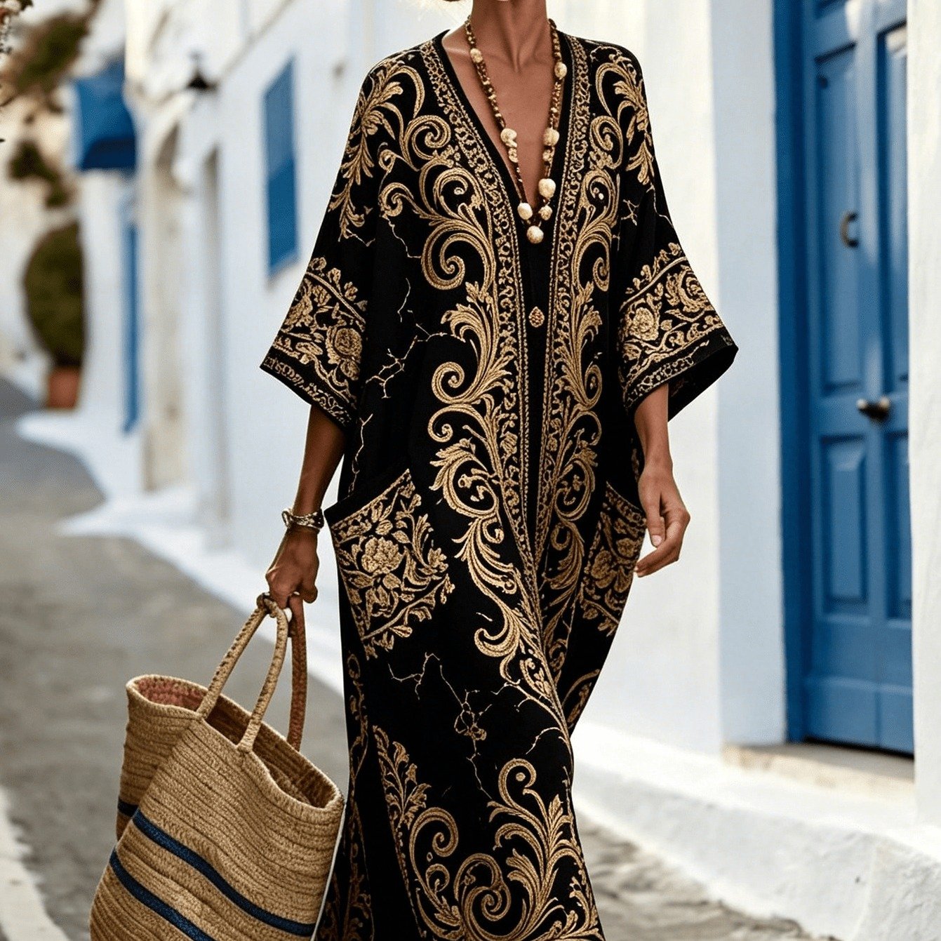 TEMU Plus Size - Nieuwe Collectie Dames Kaftan Gewaad Outdoor Streetwear Zwart Gouden Europese Scroll All Fashion Veelzijdige Designer Vakantie Stijl