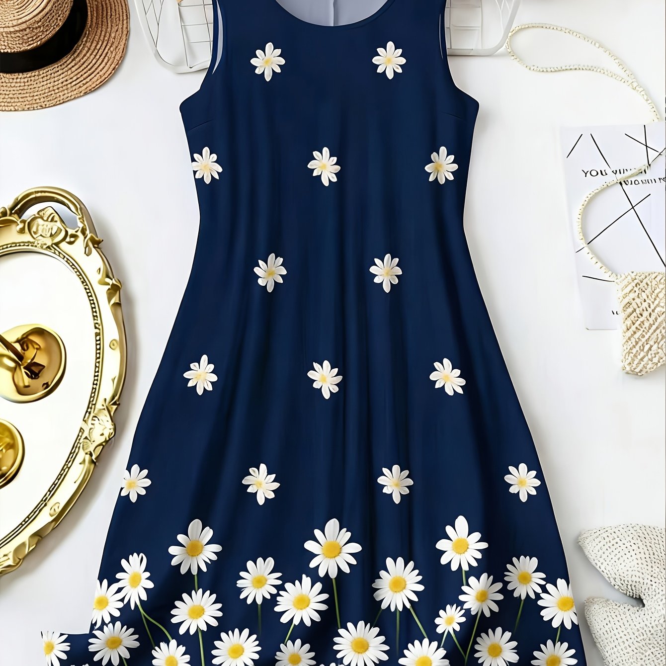 Ladies Elegant Spring And Summer Printed Crew Neck Sleeveless Beautiful Dress 6032