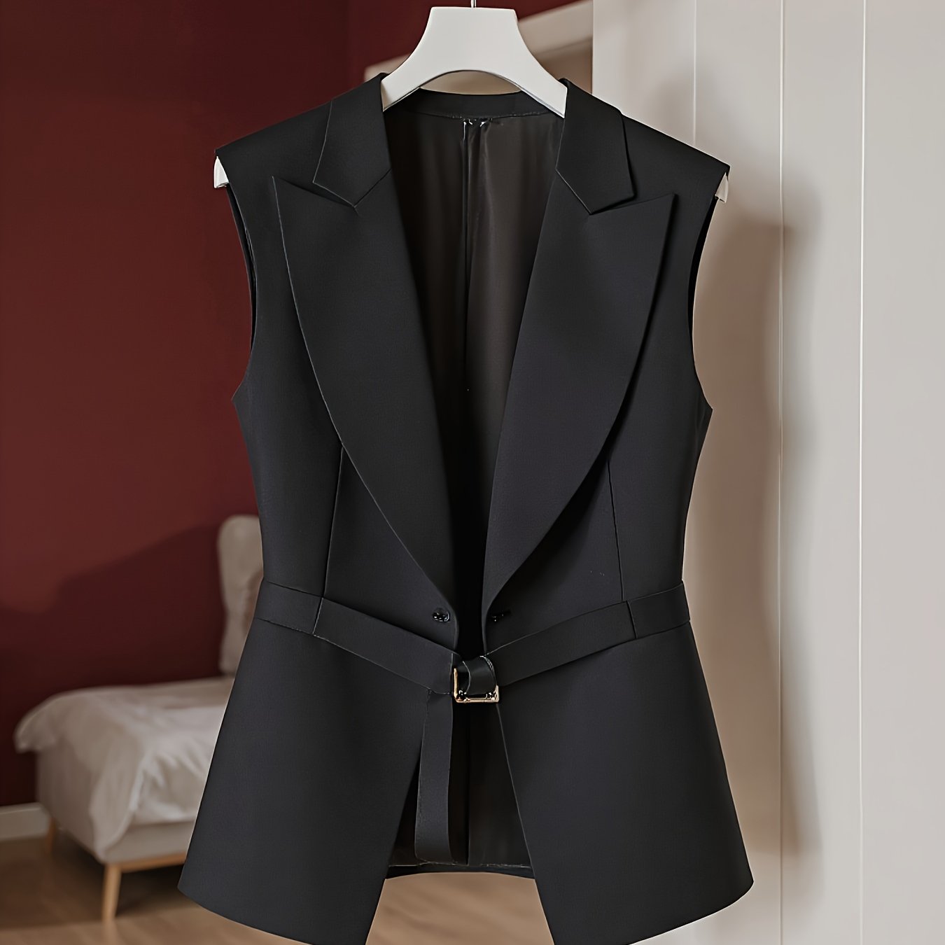 E-shop Elegante Damen Jacke ohne Ärmel - Modische einfarbige Weste mit Revers und goldenen Doppel-, vielseitige Trendjacke für Frühling/Sommer/Herbst,