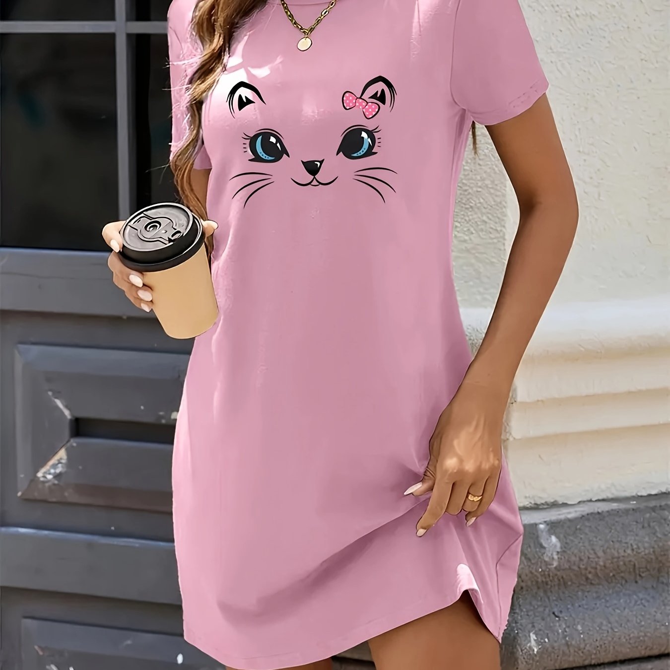 TEMU Women's Stylish Printed Mid-length T-shirt Dress, Fitted Short-sleeve Dress For Spring And Summer