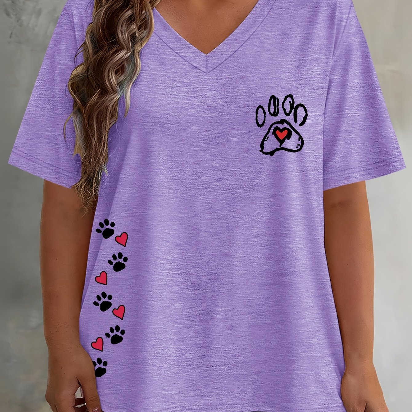 TEMU Plus Size, /summer Plus-size Women's Fashion Multi-position Heart Paw Print Loose Drop-shoulder Half-sleeve T-shirt, High-quality Women's Top,