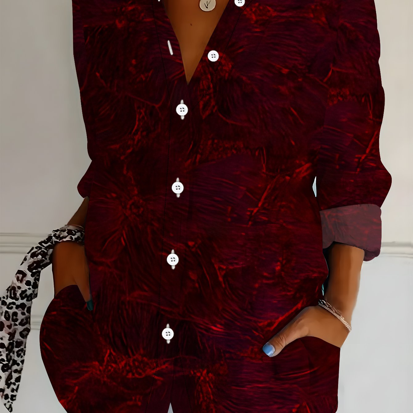 TEMU Women's Long Sleeve Shirt Soft Style Printed Women's Shirt Abstract Floral Element Women's Floral Shirt Deep Burgundy Casual Women's Long Sleeve