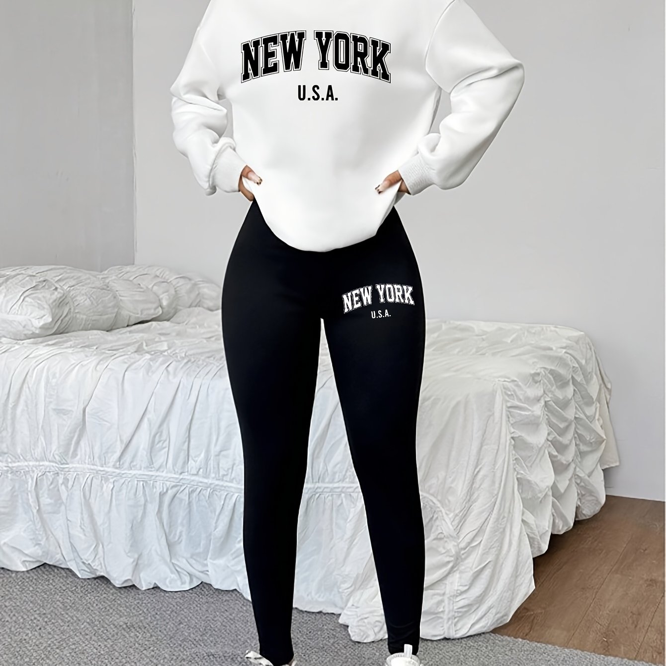 TEMU 1014gwen, 1 Set Casual Women's Sweatshirt Set 2pcs, Letter Print, Round Neck Long Sleeve Sweatshirt, Long Leggings, Or Layering, Suitable For