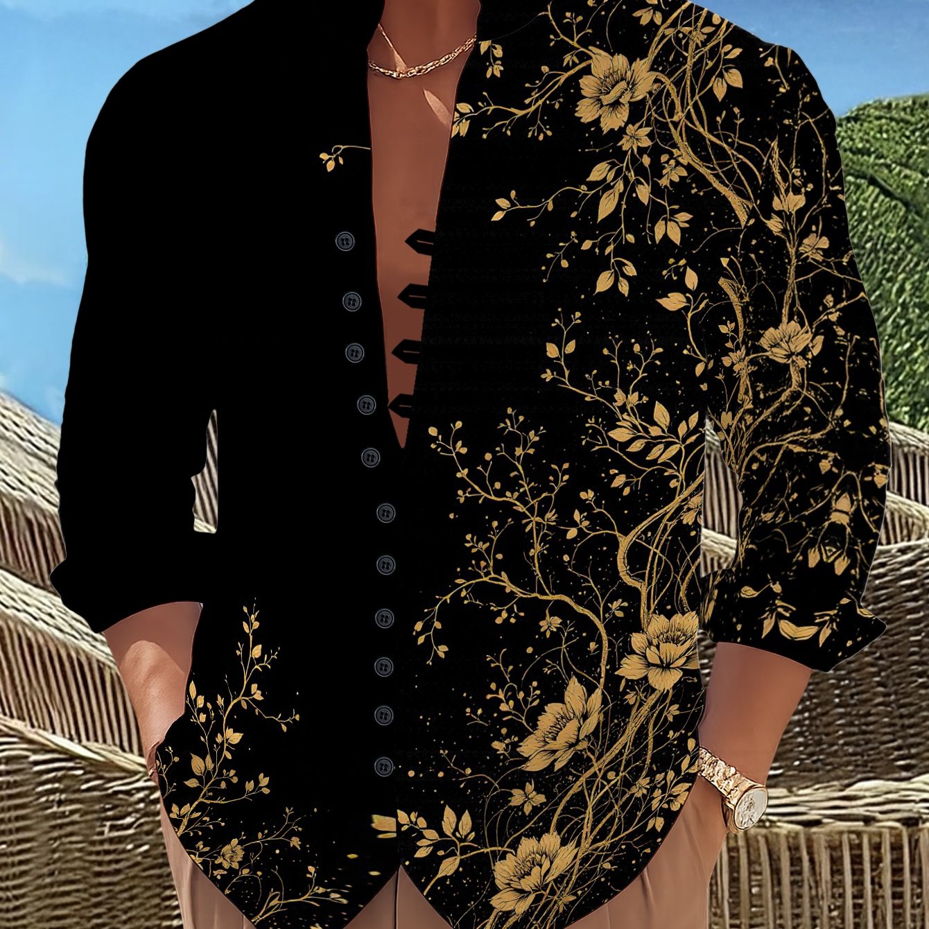 TEMU Men's Retro Button 11-row Button Long Sleeve Shirt Chinese Style Floral Print Fashion Casual Versatile Spring Autumn Top