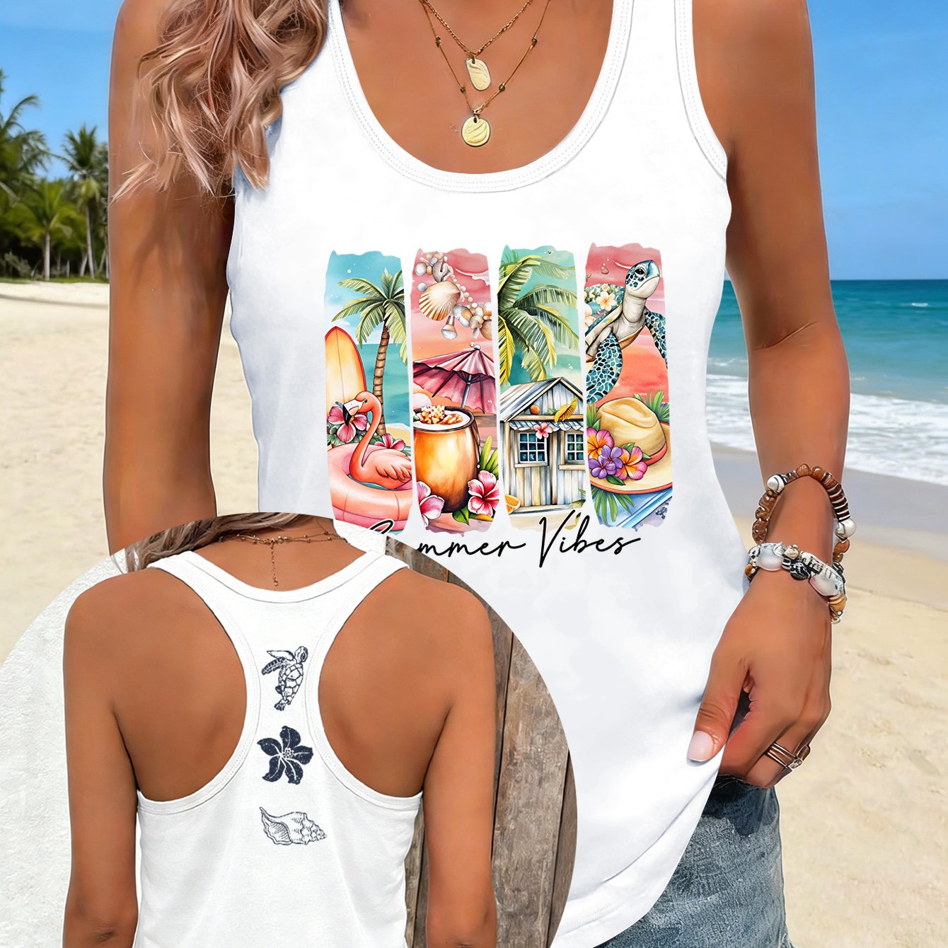 TEMU Watercolor Style Lobster Sea Turtle Starfish Coral Seaweed Element Print 2026 Spring/summer New Women's Sleeveless Tank Top, Slim Fit Open Back