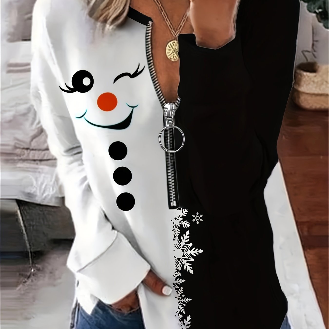 TEMU 2d Flat Pattern Christmas Snowman Zip-up Long Sleeve - Black Comfortable Pullover, Holiday Party Winter Outfit - Cold Weather Clothing, Winter