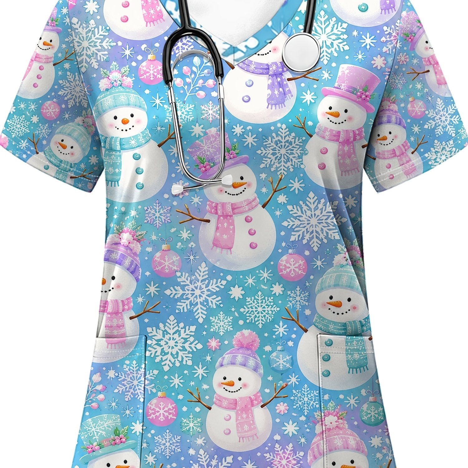 TEMU Snowman Nurse Top, Cartoon Winter Christmas Snowflake Print, Women's V-neck Short Sleeve Work Uniform With Pockets, Cute Festive Atmosphere