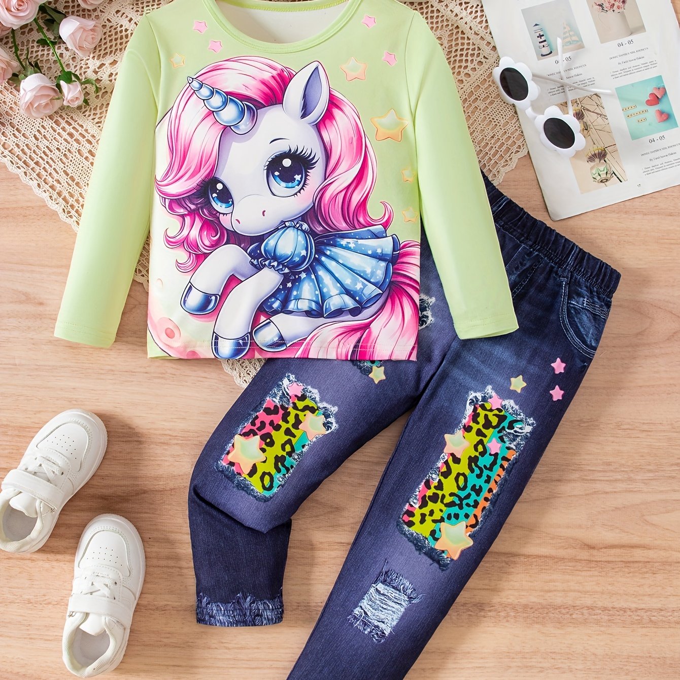 Lovely Girls Unicorn Print Pullover + Silky Legging Set - Temu Canada