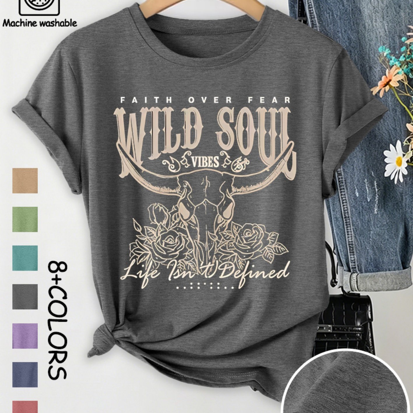 TEMU Women's Bull & Rose Western Vintage T-shirt - Faith Over Fear Cowgirl Graphic Crew Neck Short Sleeve Top, Soft Breathable Suitable For , Casual