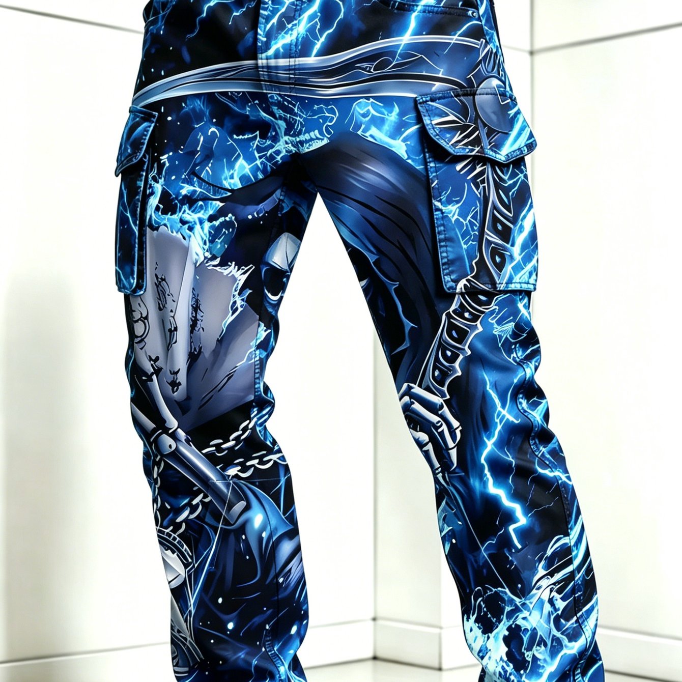 Image of Men' Biker Hip-hop Print Cargo Pants With Blue Lightning Skull Pattern, Suitable For Daily Casual And Commuting Wear