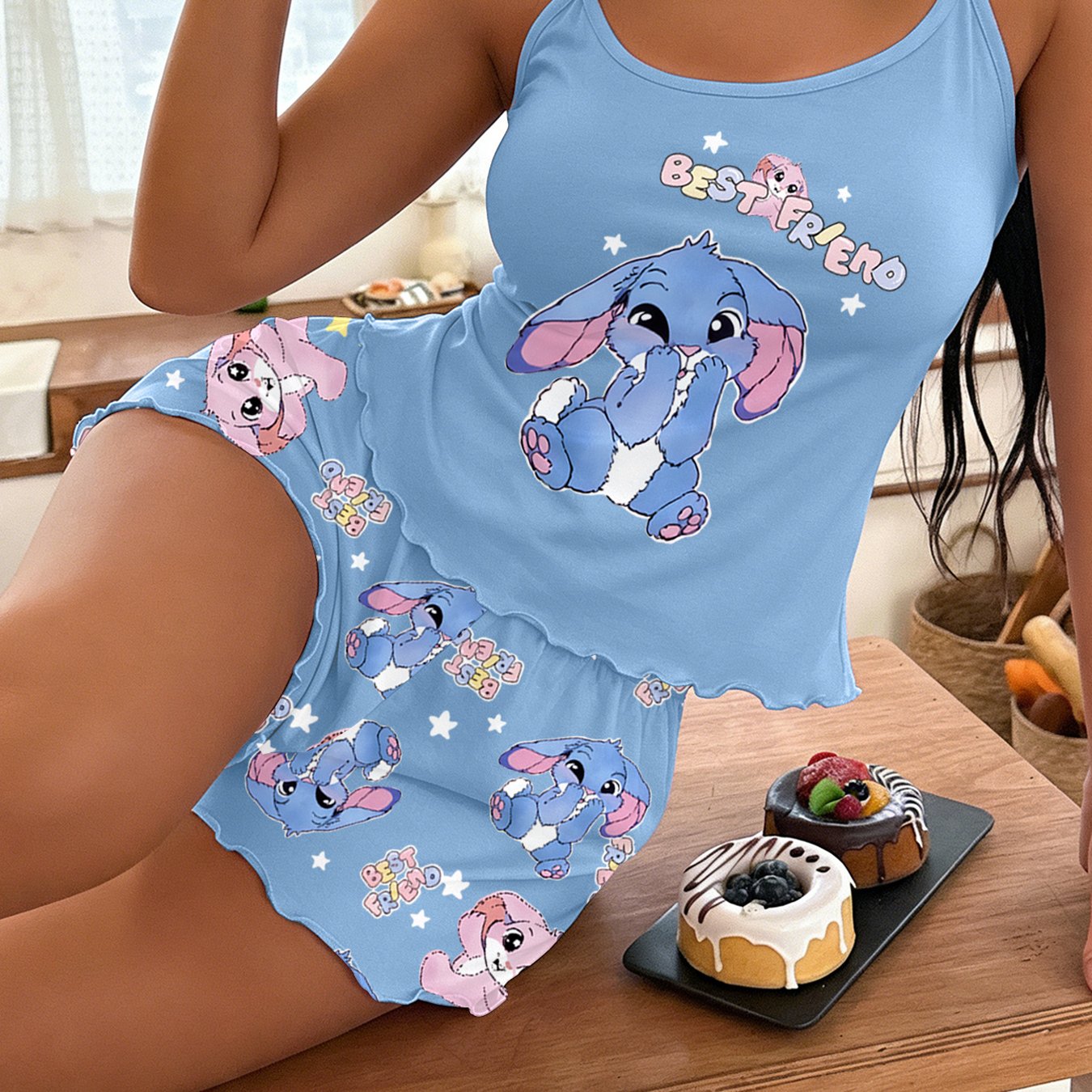 Image of Ladies' Light Blue Cartoon Rabbit 'best Friend' Printed Wavy Edge Camisole And Full Print Rabbit Shorts Casual Cute Pajama Set