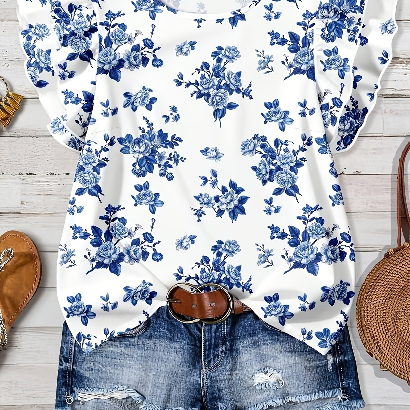 TEMU Ladies' Casual Floral Print Short Sleeve Shirt | Elegant Crew Neck With Ruffle Details, Wear