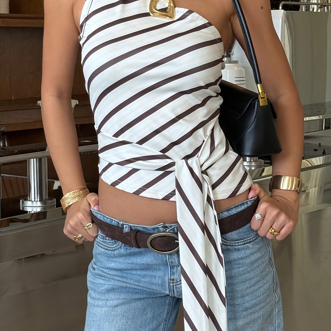TEMU Women's Asymmetrical Hem T-shirt With Fashionable Single Shoulder Neckline, Striped Print, And Tie-