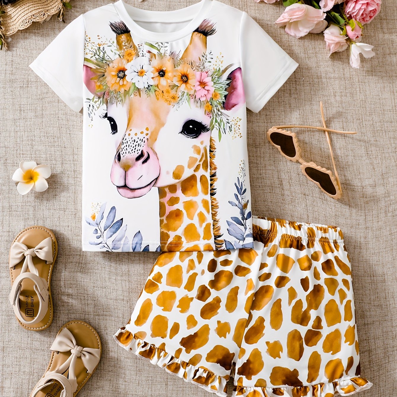 2pcs Girls' Cartoon Giraffe Print Pullover + Shorts Children's Clothing, Comfortable Polyester Fiber, Machine Washable - For Summer, Ideal For Outdoor Activities, Perfect For Outdoor