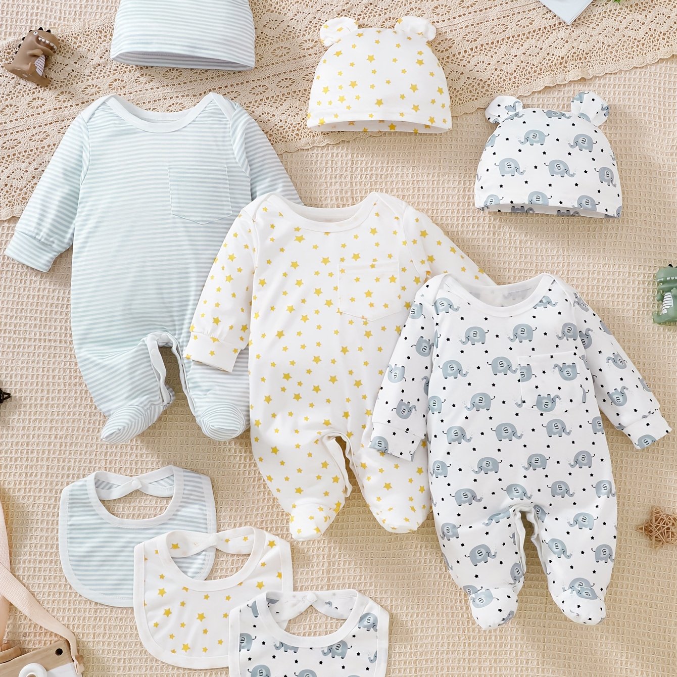 Newborn Fashion Print 9pcs Set, 3 Wrap-around Bodysuits + 3 Newborn Hats + 3 Drool Bibs, Baby Boy Comfortable Fabric, For Outdoor