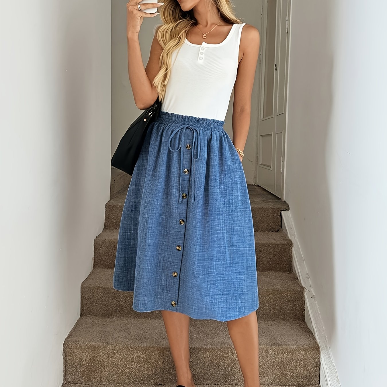 TEMU Women's Elegant Casual A-line Skirt - Button-front Closure, Flared Hem, Lightweight Non-stretch Fabric For Everyday & Formal Outfits -