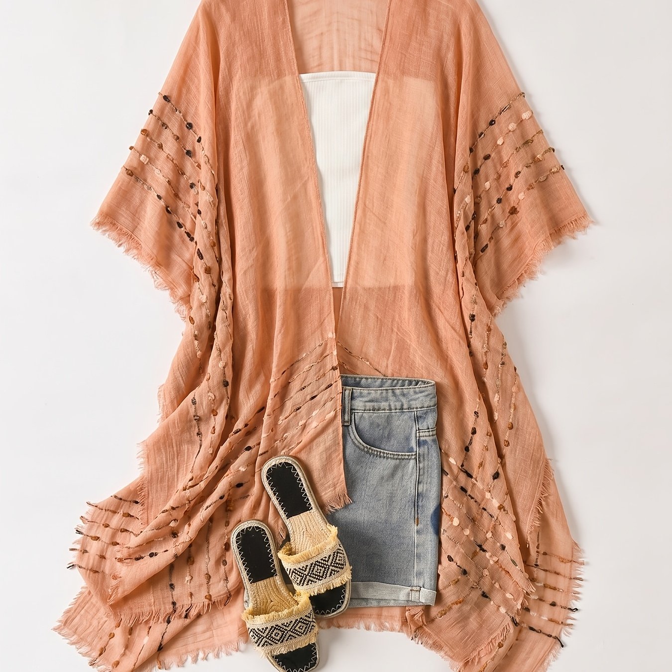 TEMU Cardigan da donna taglie forti casual boh矇mien con sfrangiato, stile