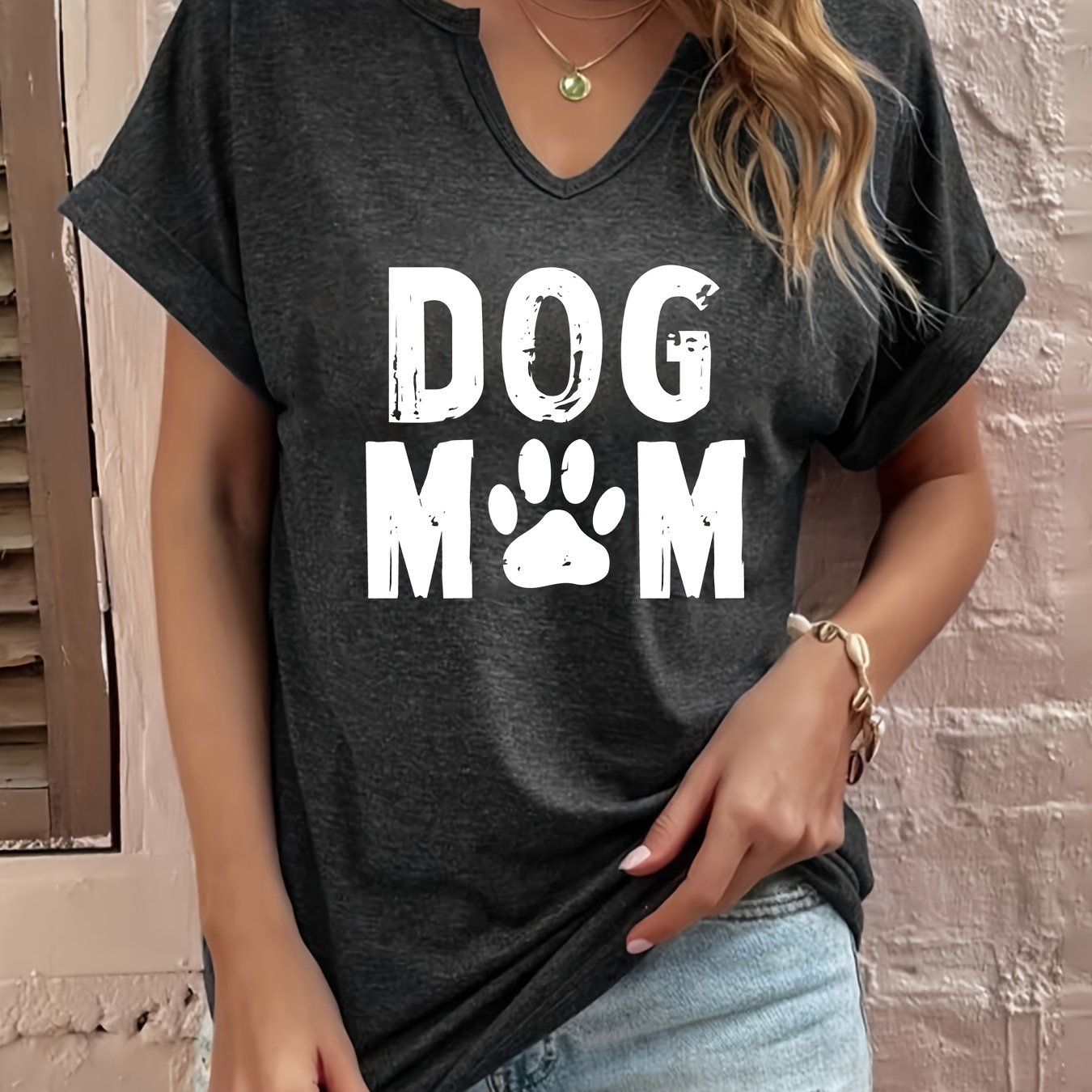 TEMU Women's "dog Mom" V-neck T-shirt, Short Sleeve, Polyester Knit Fabric, Stretch, Regular Fit, Summer Fashion Top With Alphabet Letter Print