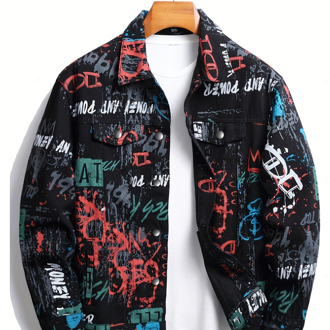 Image of [allsro]men's Graffiti Denim Jacket, Street Hip-hop Style Loose Casual Top, Autumn-winter Trendy Workwear Jacket, Single-button, Vintage Distressed, Fashionable, Versatile, Daily Commuting Wear