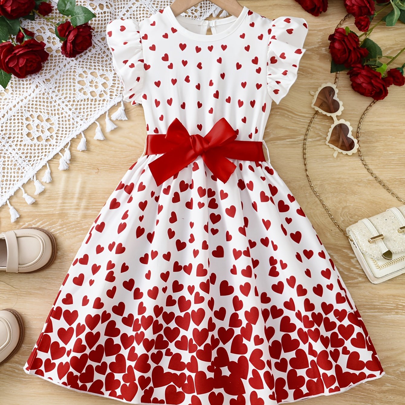 Image of Little Girl's Heart Print Princess Dress, Girly Flutter Sleeve Casual Dress With Belt, Suitable For Summer Daily And Holiday Parties, Valentine's Day