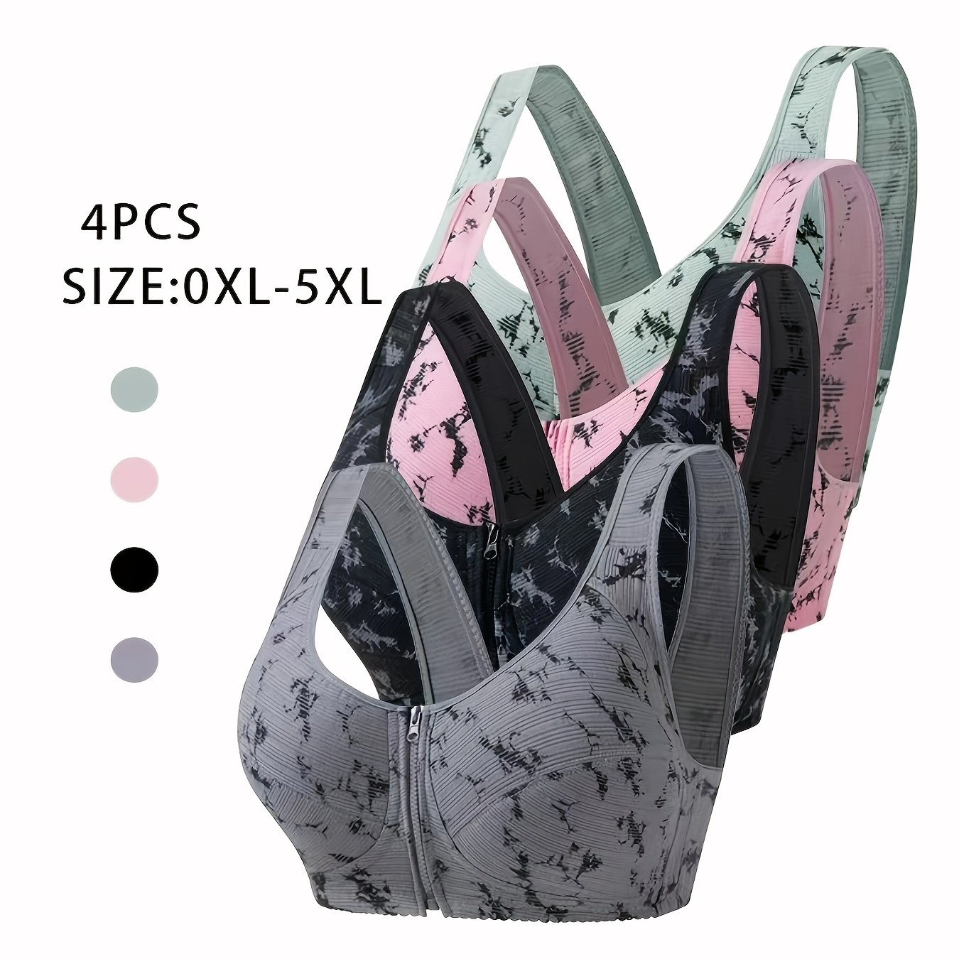 TEMU 4pcs Plus Size Wire-free Bras, Random Print, Comfortable And Breathable Underwear, Front Zipper Design For Easy