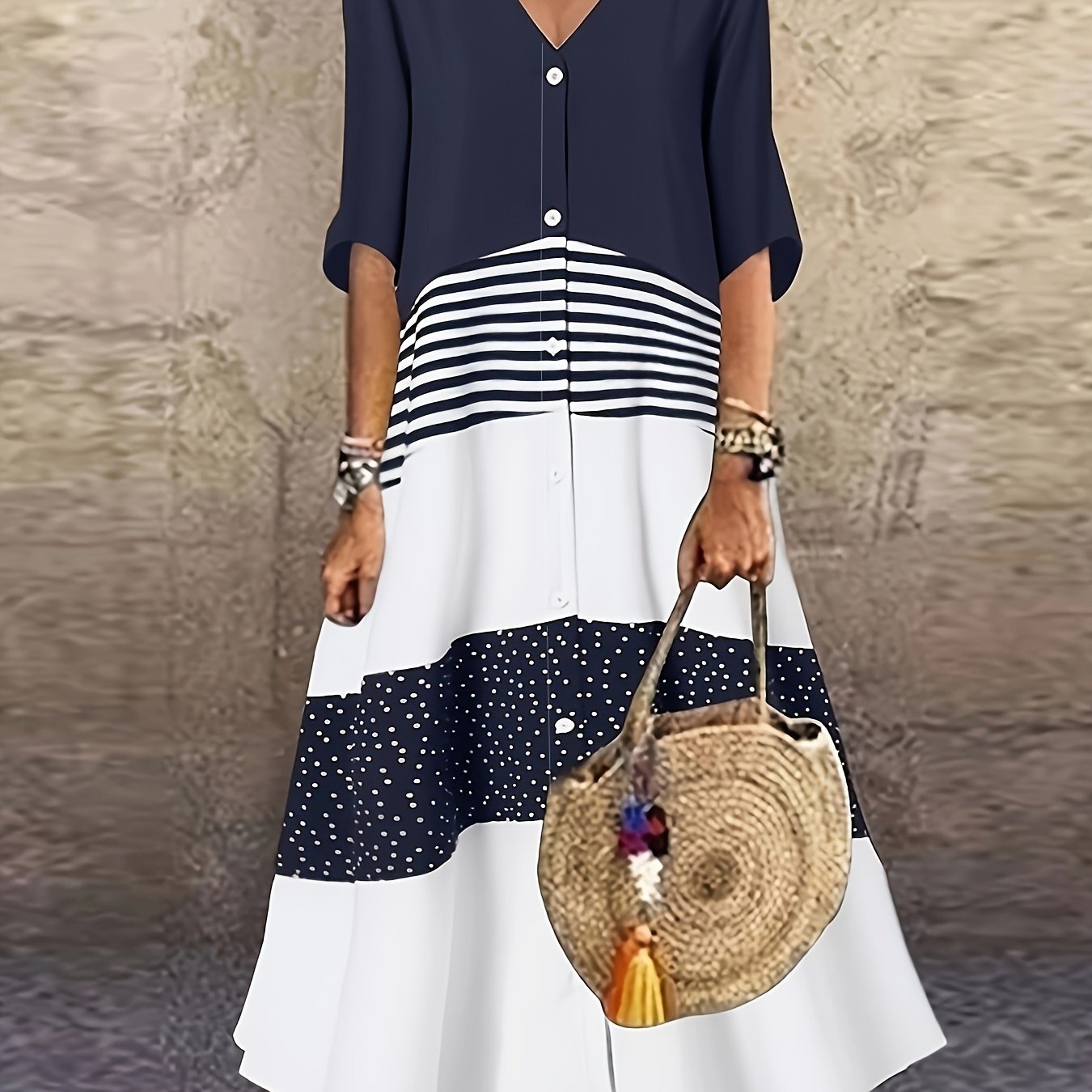 elegant color block long dress with button decorations v neck three quarter sleeve and polka dot print versatile casual dress for   adult casual wear   dress polyester fabric