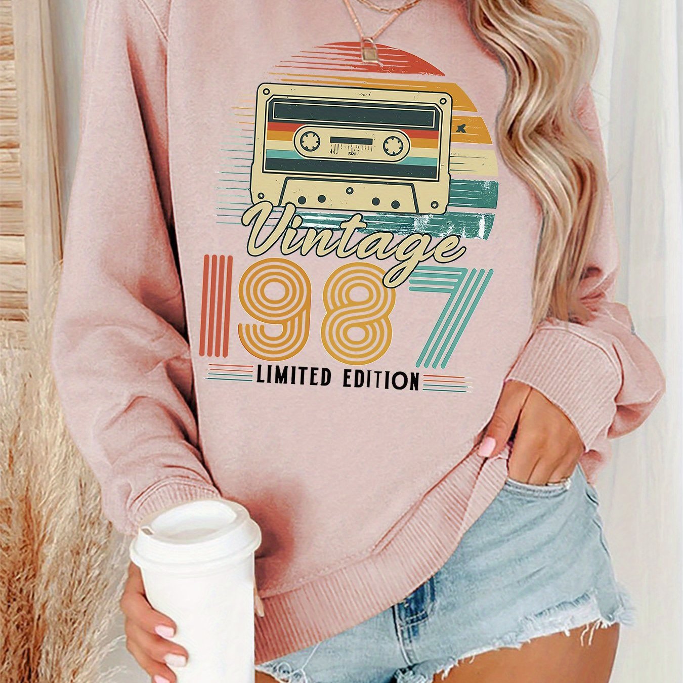 TEMU Vintage-style Cassette Tape With "vintage," "1987," "," And "edition" Prints, Long-sleeve Crewneck Sweatshirt