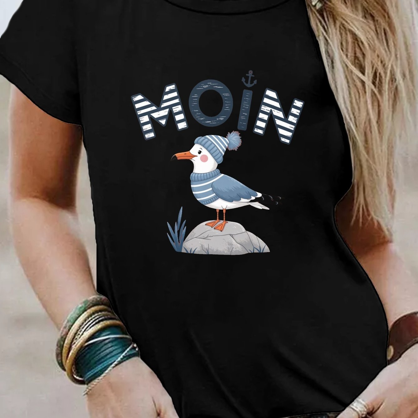 Image of Plus Size - Plus Size - Moin Seagull Nautical Charm Graphic Tee Short Sleeve Crew Neck Casual Top For , Women's Fashion, Breathable Material, Washable In Machine, , Trendy Blouse, Casual Wear