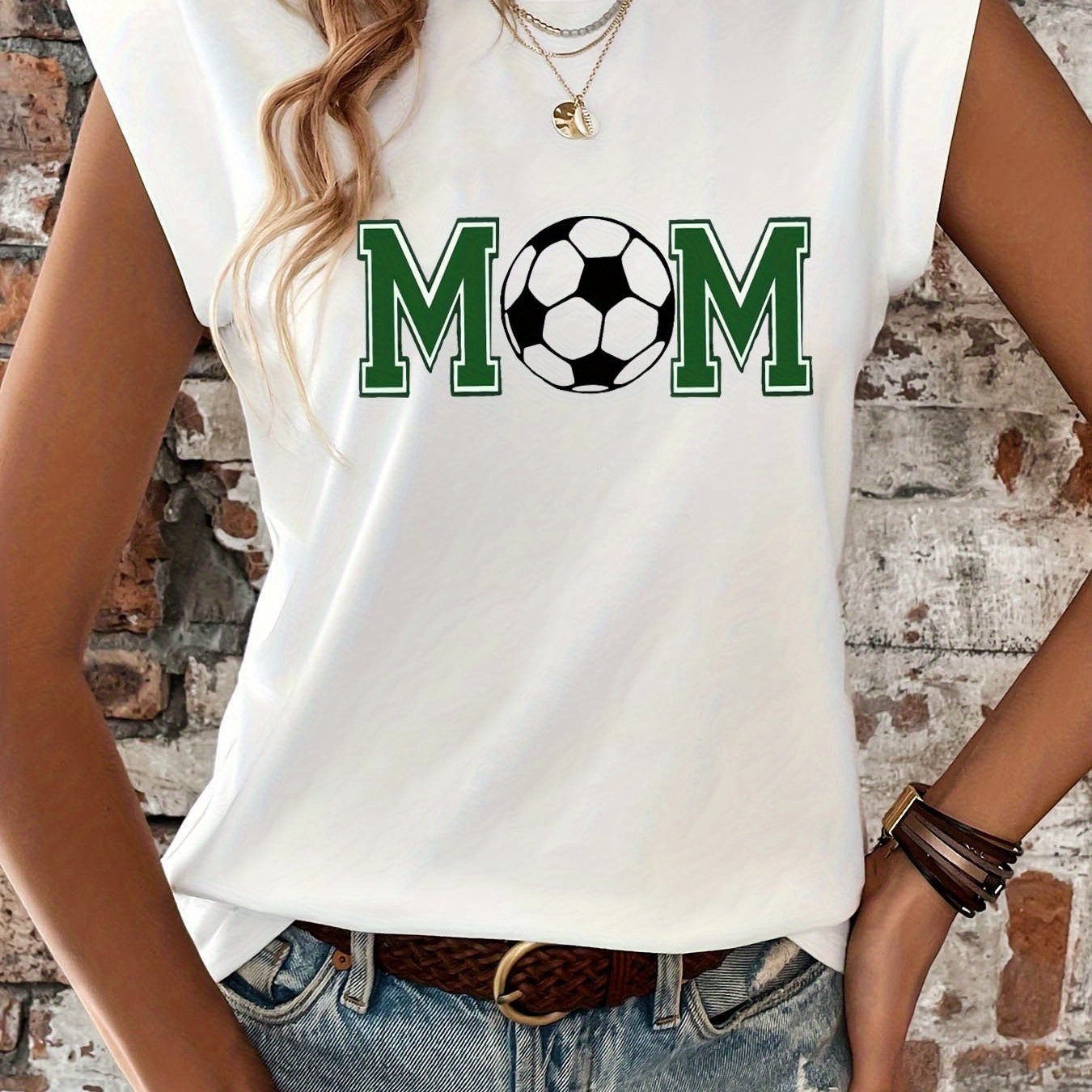 E-shop Die "MOM"- für Fußballmütter! Modisches, ärmelloses T-Shirt für Damen, Rundhalsausschnitt, kurze Ärmel für Frühling und Sommer