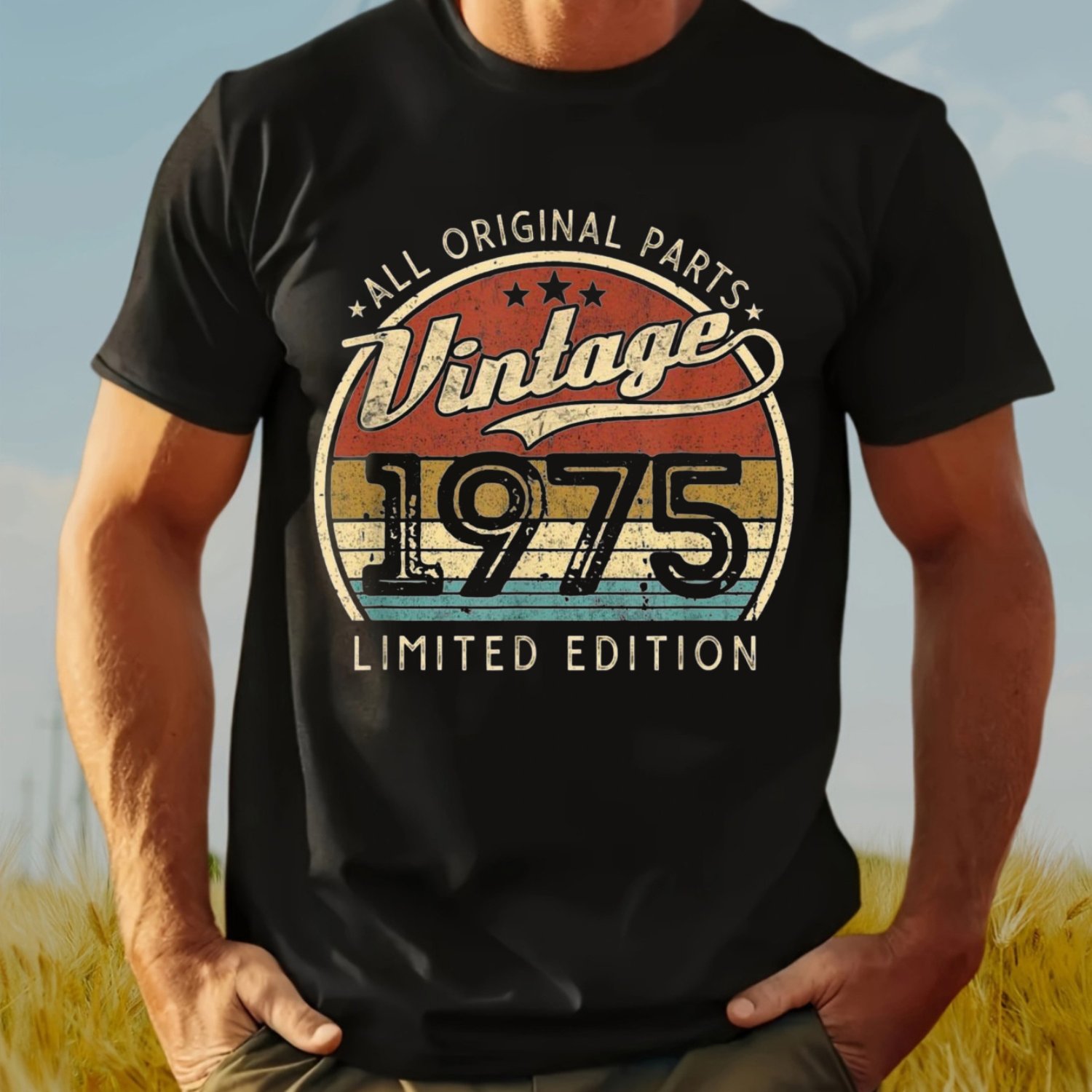 Image of Vintage 1975 Edition Men's T-shirt - 100% Cotton Breathable & Sweat-absorbent Black Tee With Retro Graphic, Soft Texture, Regular Fit Short Sleeve For Dad Mom (s-xxl 180g) Casual Wear