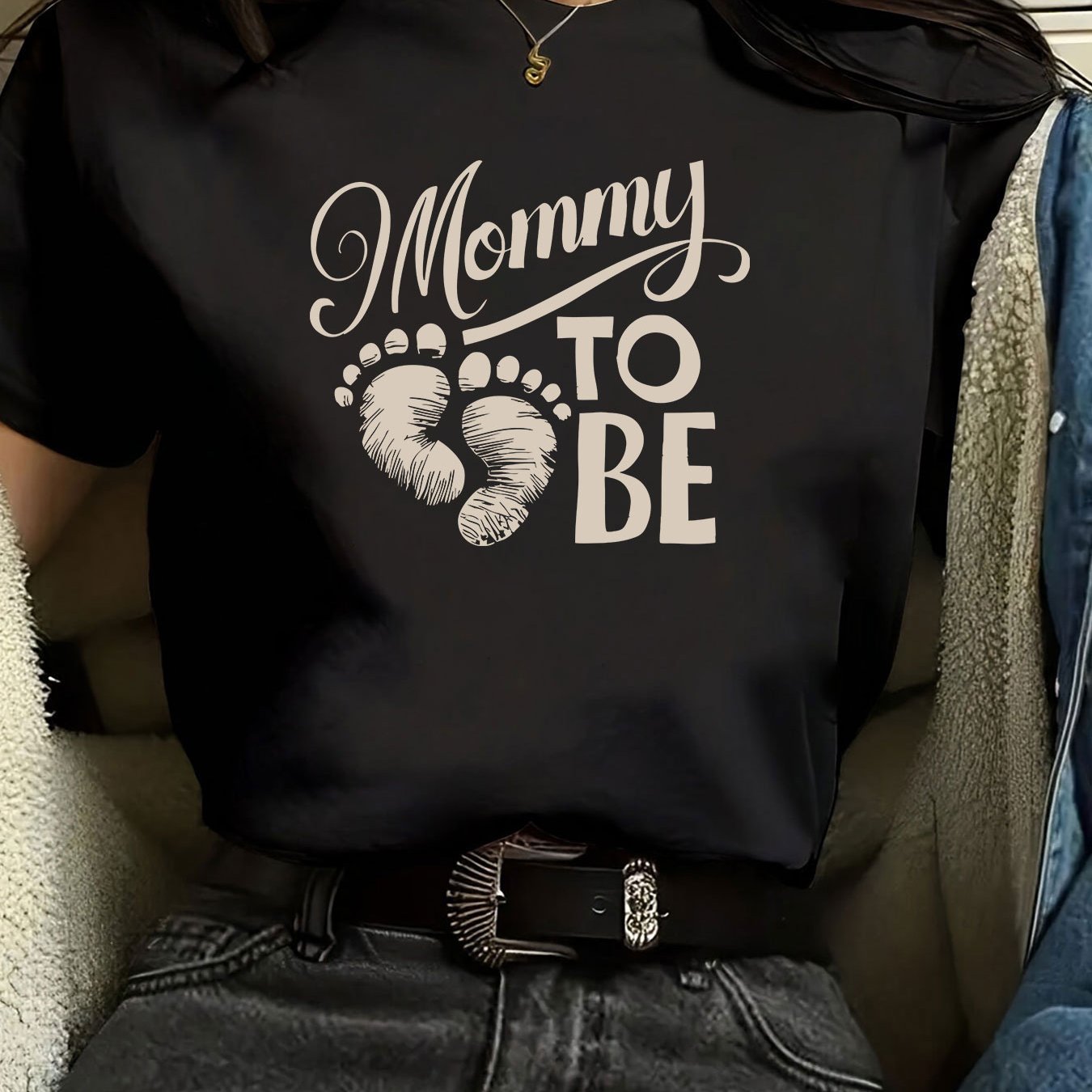 TEMU Women's "mommy To Be" Heart Print T-shirt - Casual Short Sleeve Crew Neck Top, Soft Polyester Fabric, , Maternity Clothing | Maternity Top |