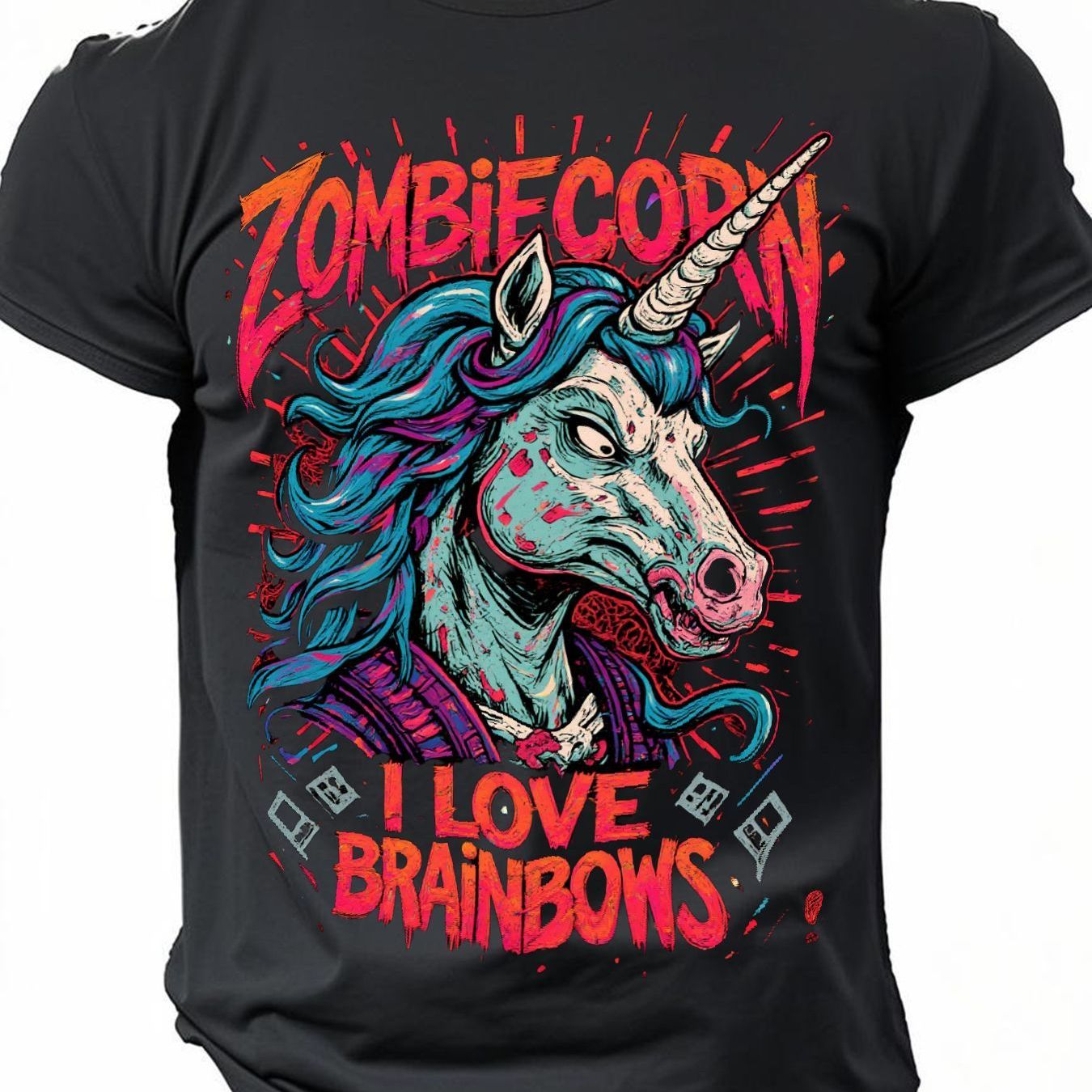 Image of Unisex Graphic Tee Featuring A Zombie Unicorn - Crew Neck Short Sleeve Shirt With A Fun And Quirky Design, Ideal For Halloween, Birthdays, Or Casual Gifts For Men, Women, And Teens