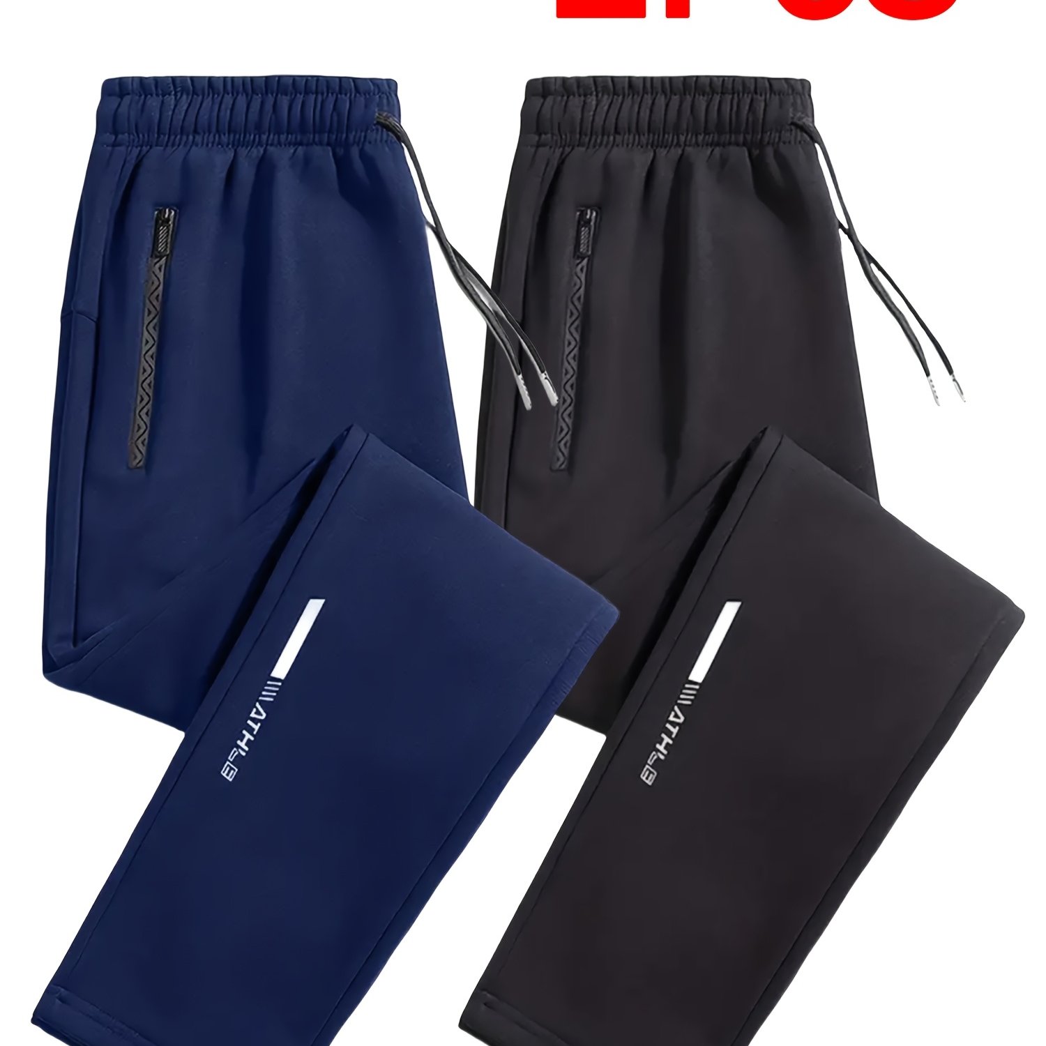 Image of 2pcs Men's Waist Zipper Pocket Gym Pants - Straight- Casual Athletic Wear Suitable For, Office & Daily Use - Spring/autumn Loose-fit Running Pants (no Belt Required)