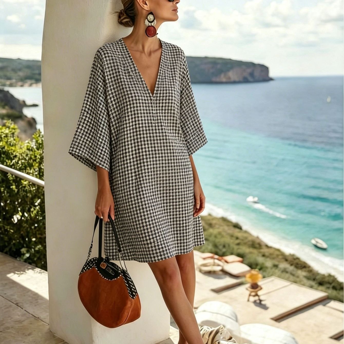 Image of Women's Black & White Gingham V-neck Dress, Casual Vacation Loose Short Dress