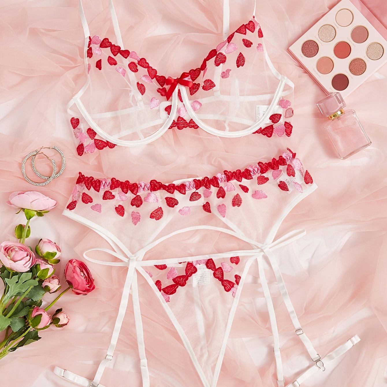 Women's Valentine's Day Sexy Lingerie Set, Plus Size Rose Embroidered Bow  Decor Bra & Gartered Thong Lingerie 2 Piece Set